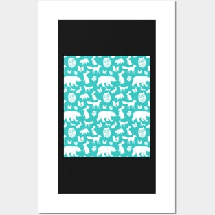 Turquoise Teal Blue Forest Animals Pattern Fox Bear Owl Posters and Art